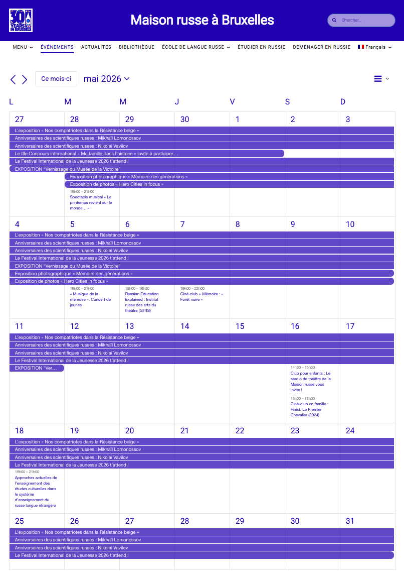 Page Internet. Maison russe Bruxelles-Europe. Calendrier des événements culturels du 1er au 31 mai 2026. 2026-05-01